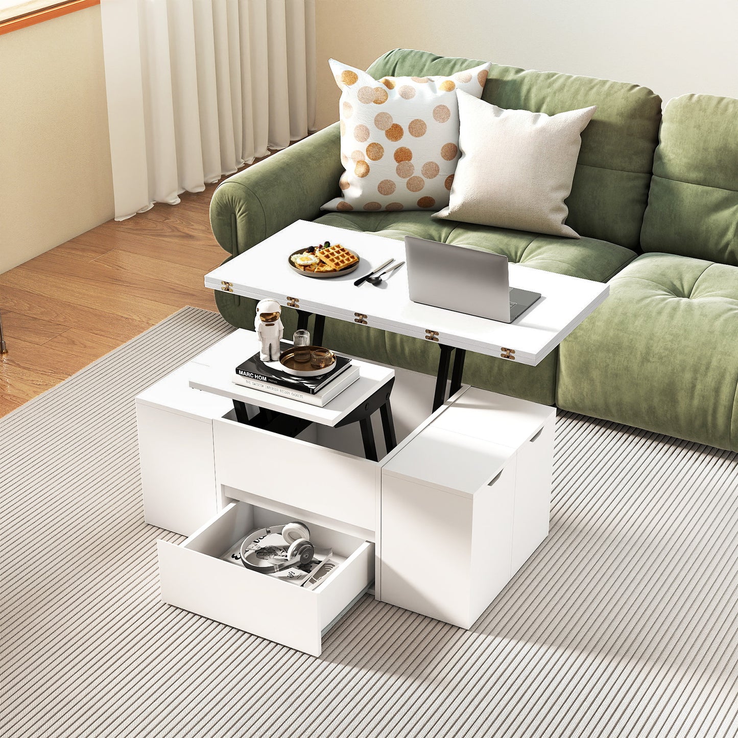 3-in-1 Expandable Lift Top Coffee Table with 4 Storage Stools and Hidden Compartment for 4-8 People, White