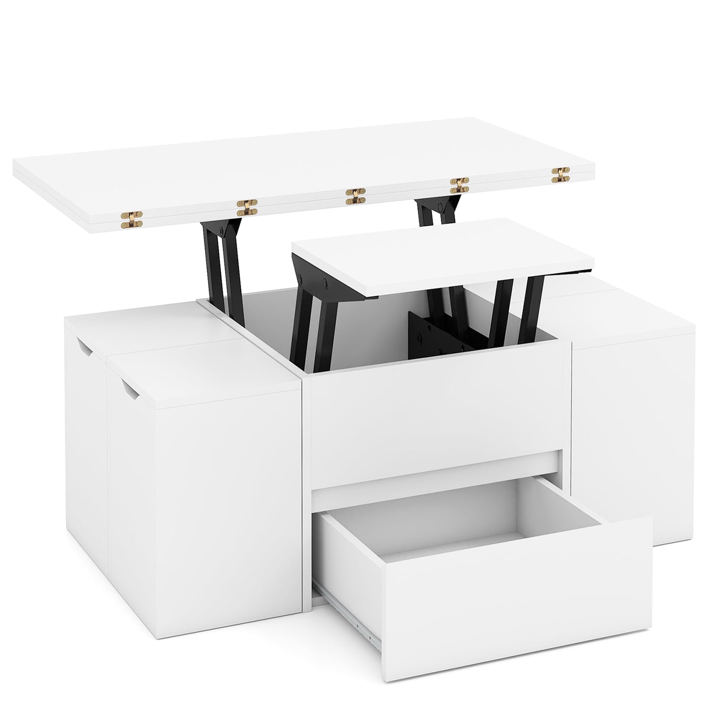 3-in-1 Expandable Lift Top Coffee Table with 4 Storage Stools and Hidden Compartment for 4-8 People, White