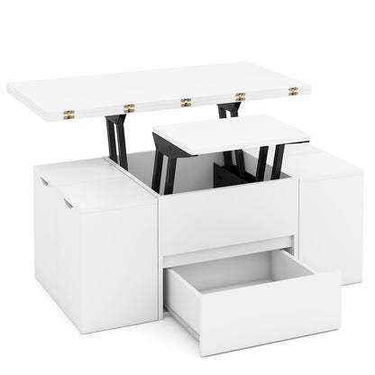 3-in-1 Expandable Lift Top Coffee Table with 4 Storage Stools and Hidden Compartment for 4-8 People, White