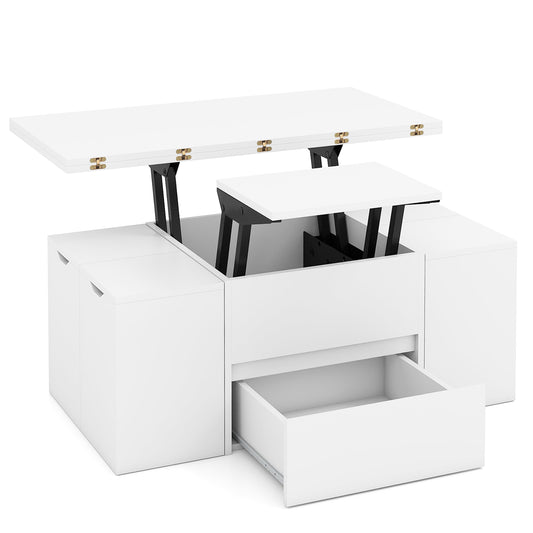 3-in-1 Expandable Lift Top Coffee Table with 4 Storage Stools and Hidden Compartment for 4-8 People, White