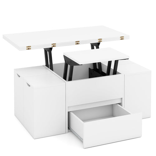 3-in-1 Expandable Lift Top Coffee Table with 4 Storage Stools and Hidden Compartment for 4-8 People, White