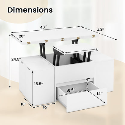 3-in-1 Expandable Lift Top Coffee Table with 4 Storage Stools and Hidden Compartment for 4-8 People, White