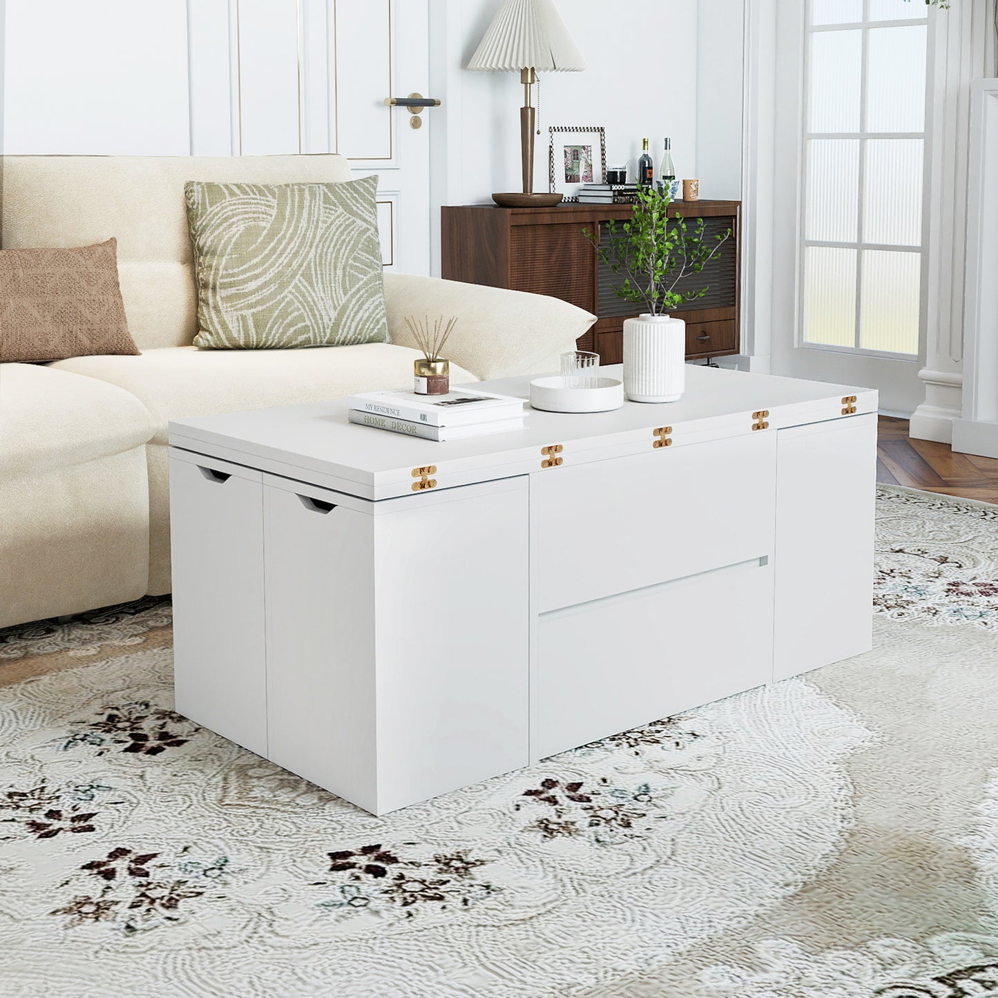 3-in-1 Expandable Lift Top Coffee Table with 4 Storage Stools and Hidden Compartment for 4-8 People, White