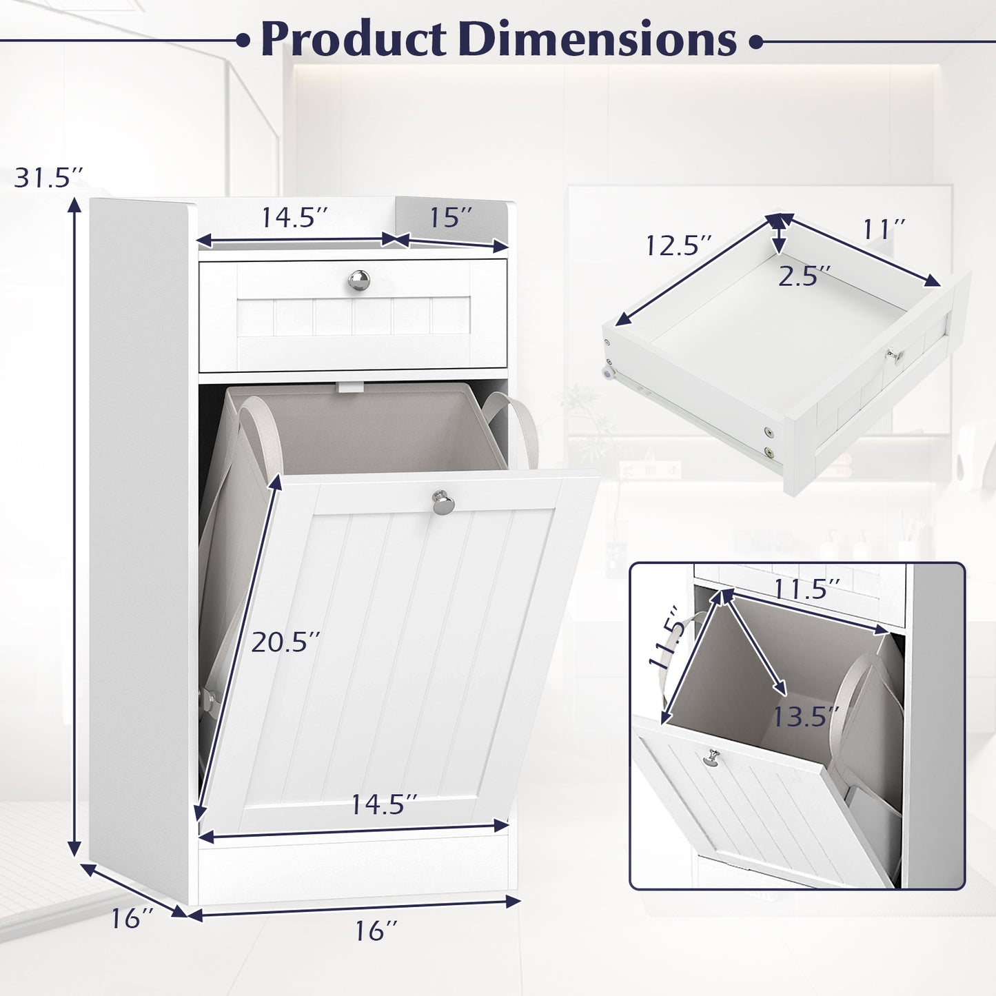 Laundry Hamper Cabinet With Drawer, Tilt-Out Design, White Laundry Baskets at Gallery Canada