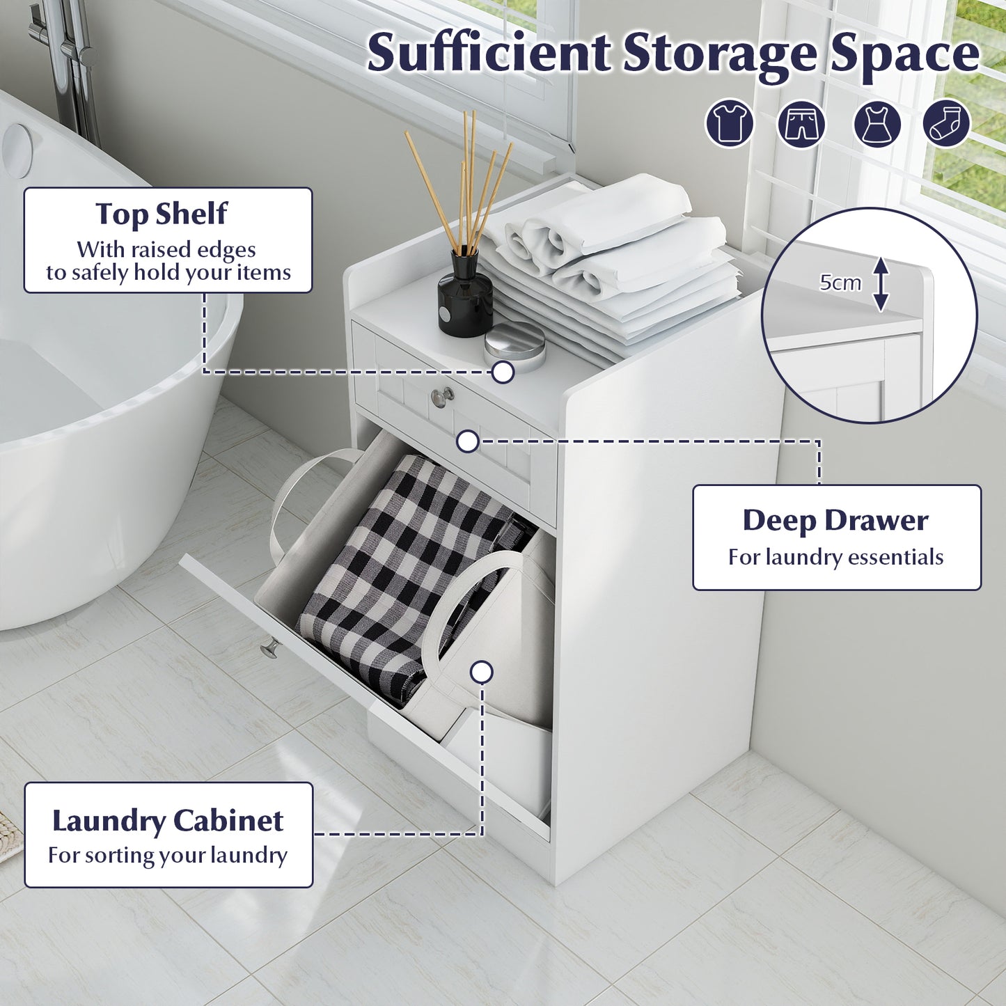 Laundry Hamper Cabinet With Drawer, Tilt-Out Design, White Laundry Baskets at Gallery Canada