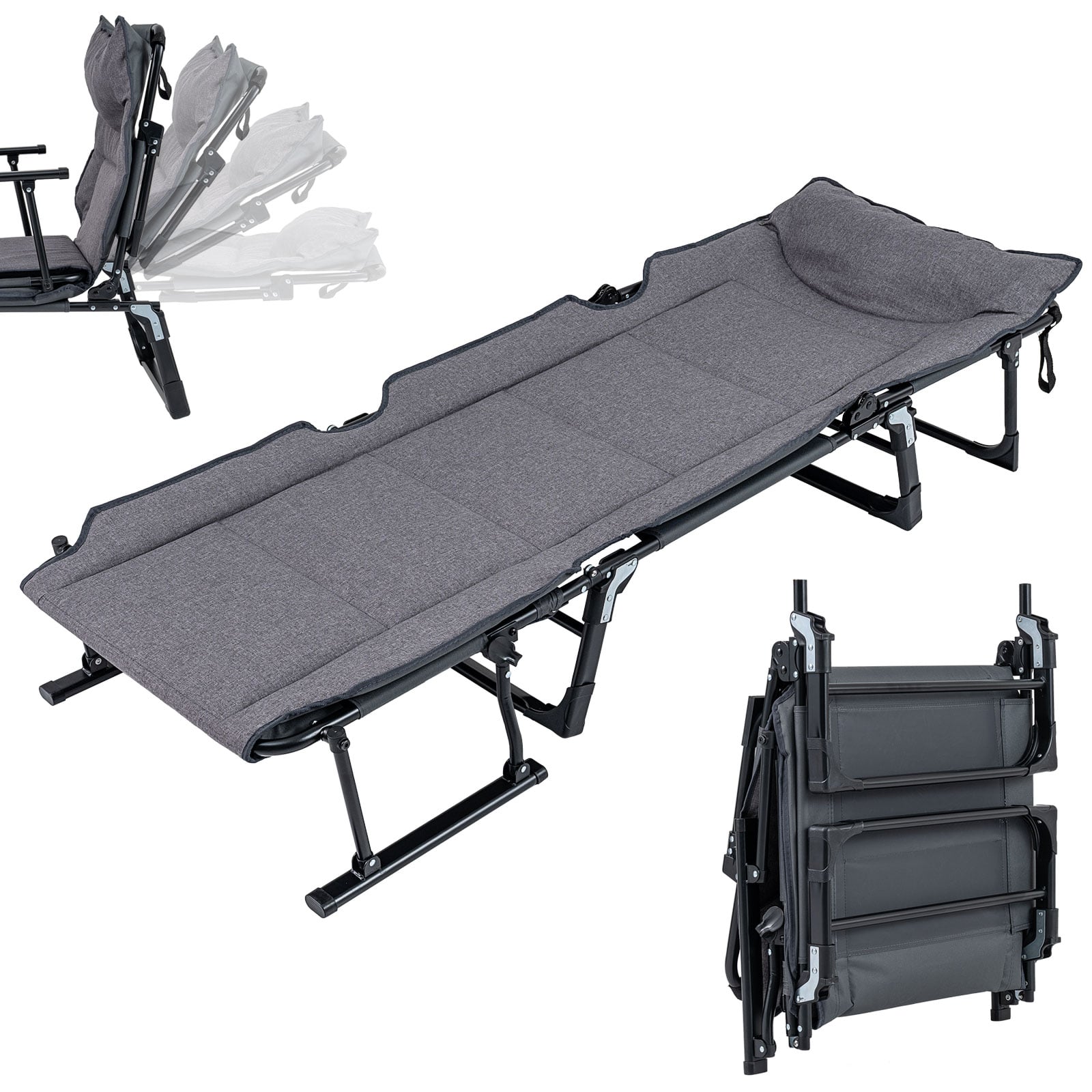 3 in 1 Folding Camping Cot and Comfy Padded Convertible Single Sofa Chair, Gray Camping Furniture Gray at Gallery Canada
