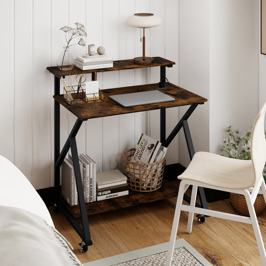 32 Inch Rolling Computer Desk, With Power Outlets, Rustic Brown Writing Desks Rustic Brown at Gallery Canada