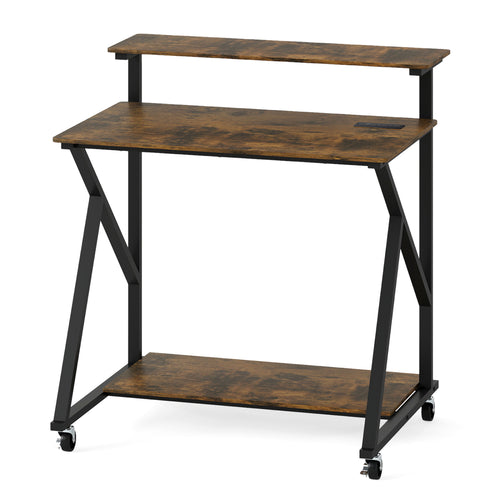 32 Inch Rolling Computer Desk, With Power Outlets, Rustic Brown