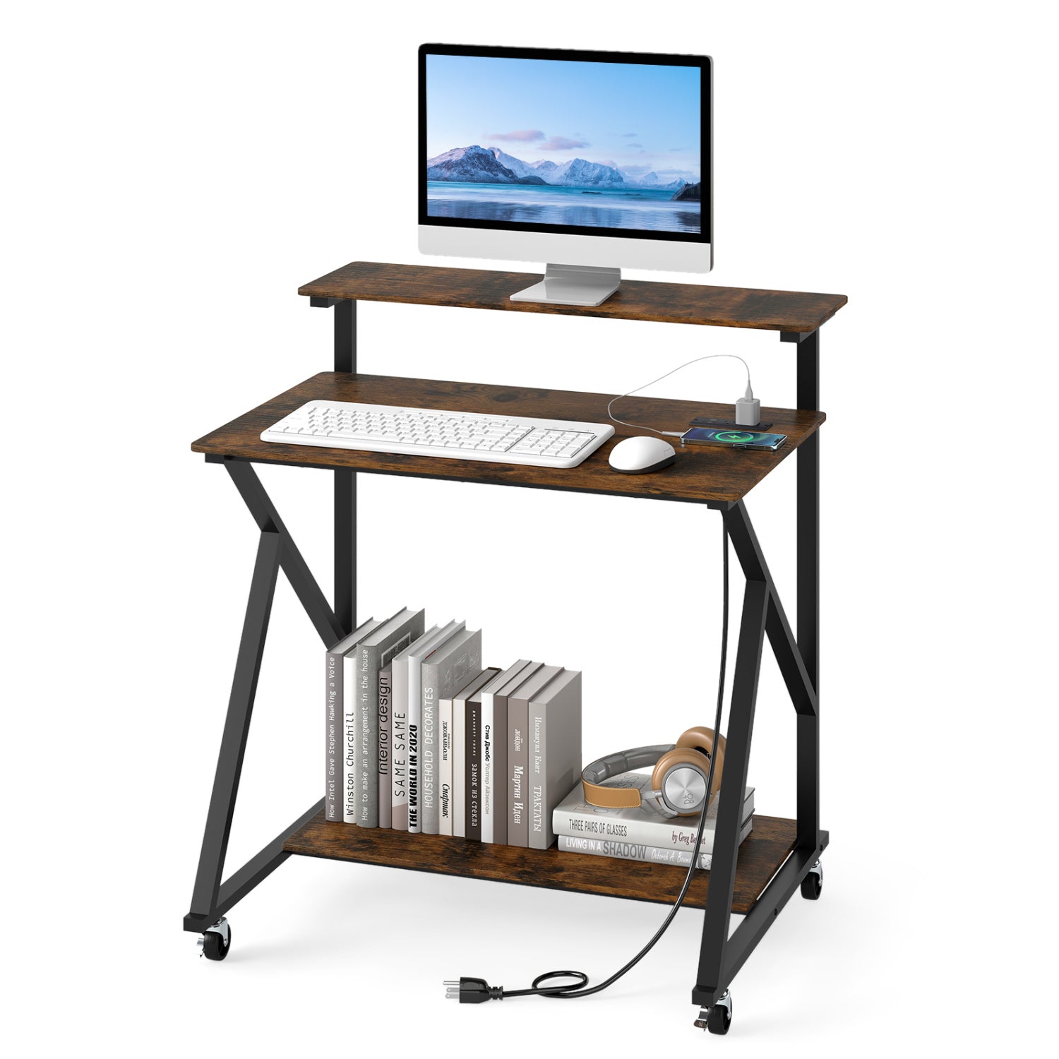 32 Inch Rolling Computer Desk, With Power Outlets, Rustic Brown Writing Desks at Gallery Canada