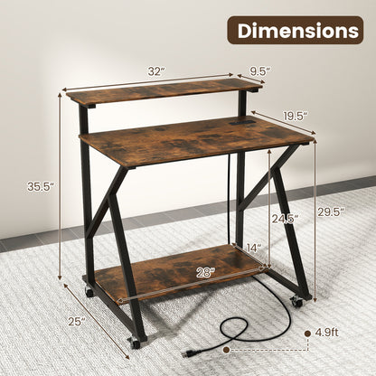 32 Inch Rolling Computer Desk, With Power Outlets, Rustic Brown Writing Desks at Gallery Canada