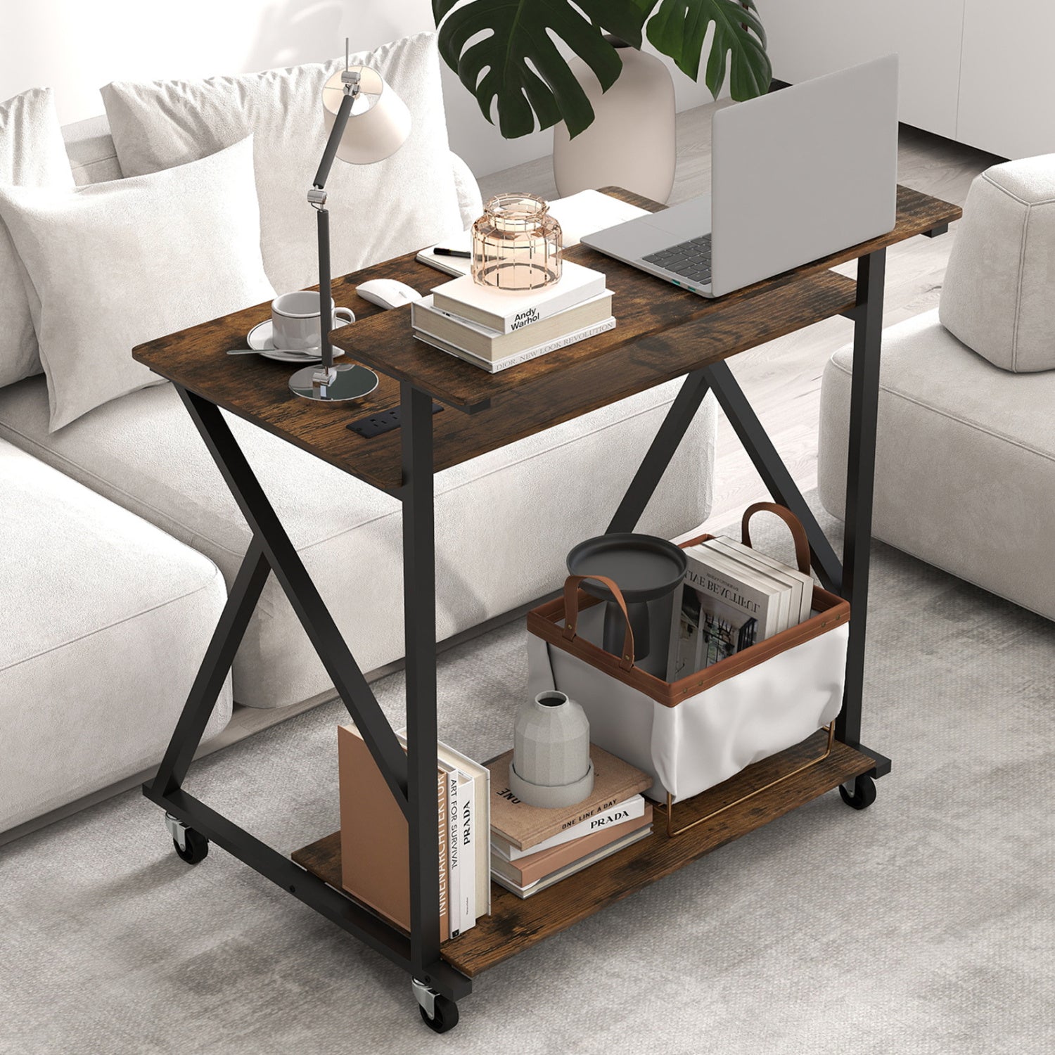 32 Inch Rolling Computer Desk, With Power Outlets, Rustic Brown Writing Desks at Gallery Canada
