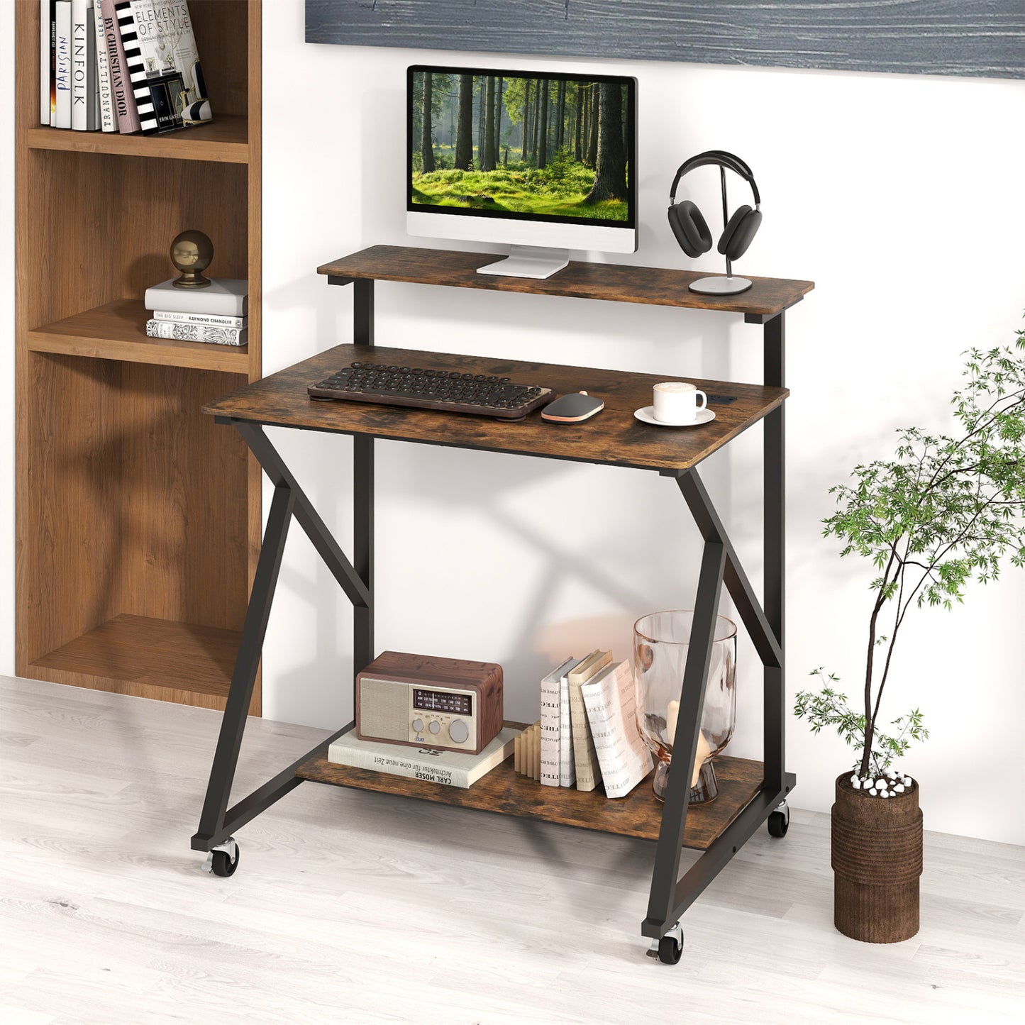 32 Inch Rolling Computer Desk, With Power Outlets, Rustic Brown Writing Desks at Gallery Canada