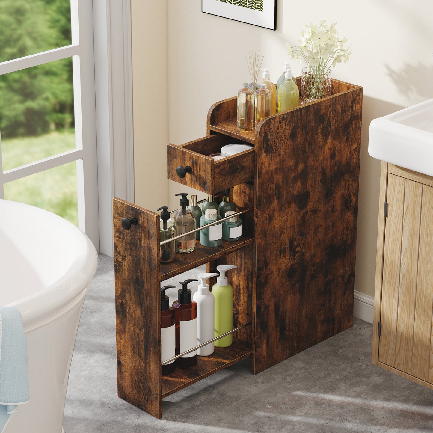 Armoire de rangement de salle de bain petite 4 étagères, marron