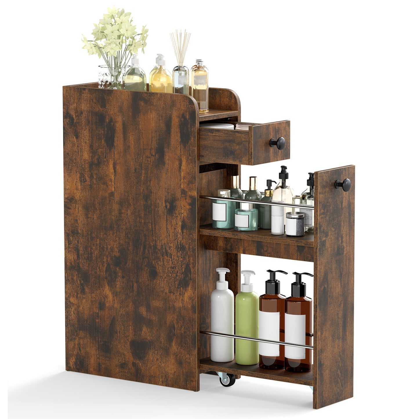 Armoire de rangement de salle de bain petite 4 étagères, marron