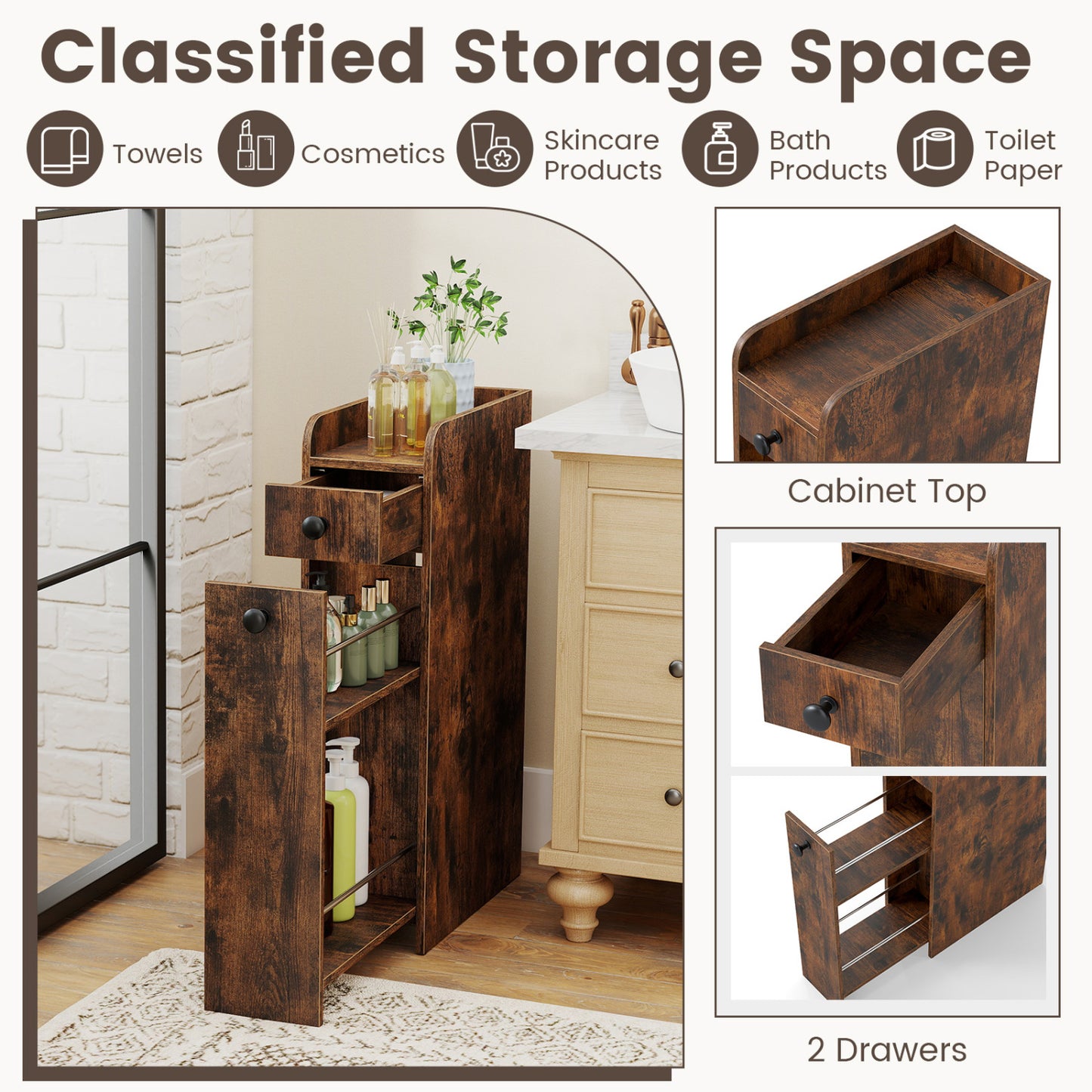 Armoire de rangement de salle de bain petite 4 étagères, marron