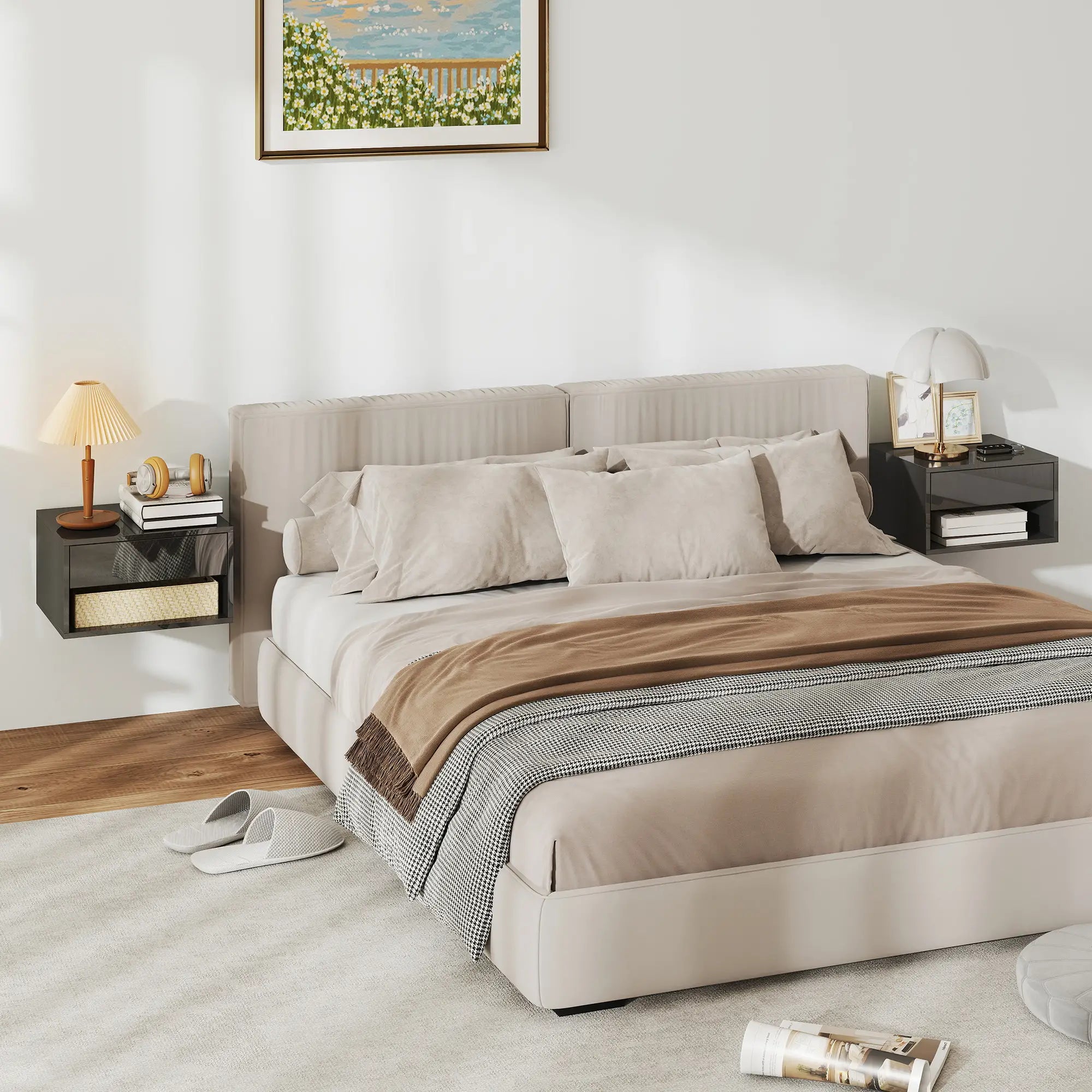 Floating Bedside Tables, Wall-Mounted Nightstand, High Gloss Black Bedside Tables at Gallery Canada