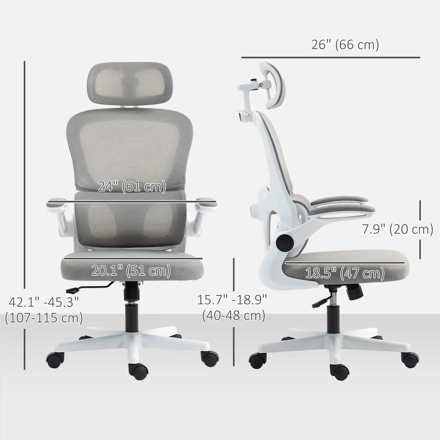 Mesh Office Chair, Ergonomic with Flip-Up Armrest, Rotatable Headrest, Adjustable Lumbar Support, Grey Office Chairs at Gallery Canada