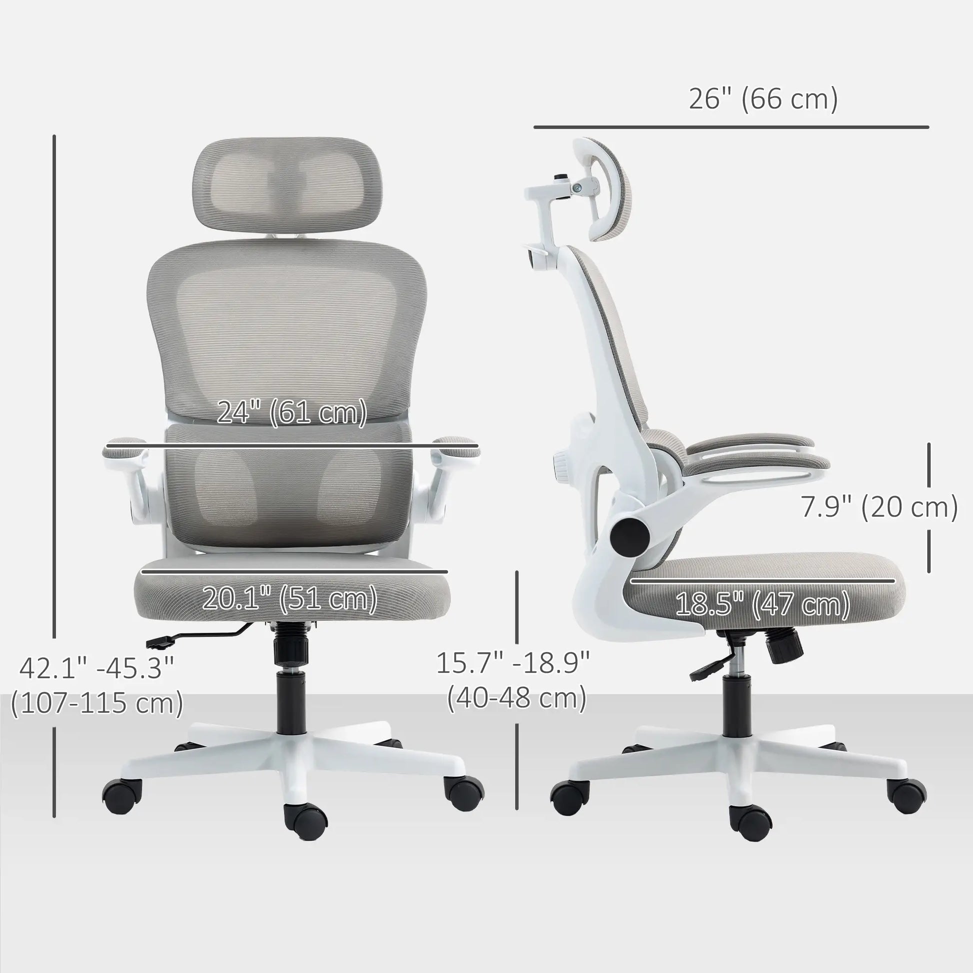 Mesh Office Chair, Ergonomic with Flip-Up Armrest, Rotatable Headrest, Adjustable Lumbar Support, Grey Office Chairs at Gallery Canada