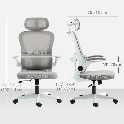 Mesh Office Chair, Ergonomic with Flip-Up Armrest, Rotatable Headrest, Adjustable Lumbar Support, Grey Office Chairs at Gallery Canada