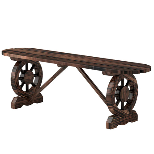 2-Person Outdoor Bench, Wood Garden Bench with Wagon Wheel Legs, Carbonized