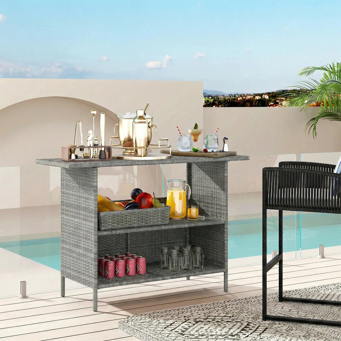 Wicker Outdoor Bar Table, PE Rattan, 2 Shelves, Steel Frame, Dark Grey, Dark Grey Patio Side Tables at Gallery Canada