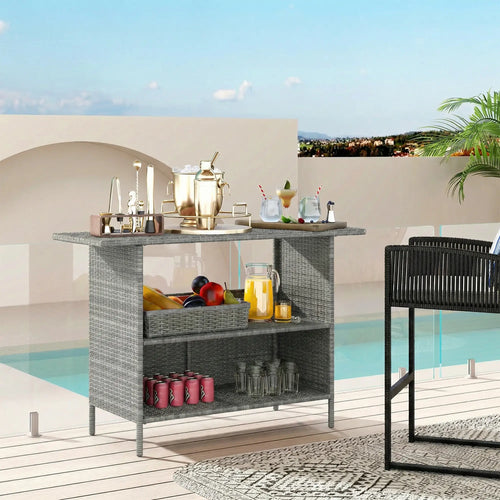 Wicker Outdoor Bar Table, PE Rattan, 2 Shelves, Steel Frame, Dark Grey, Dark Grey