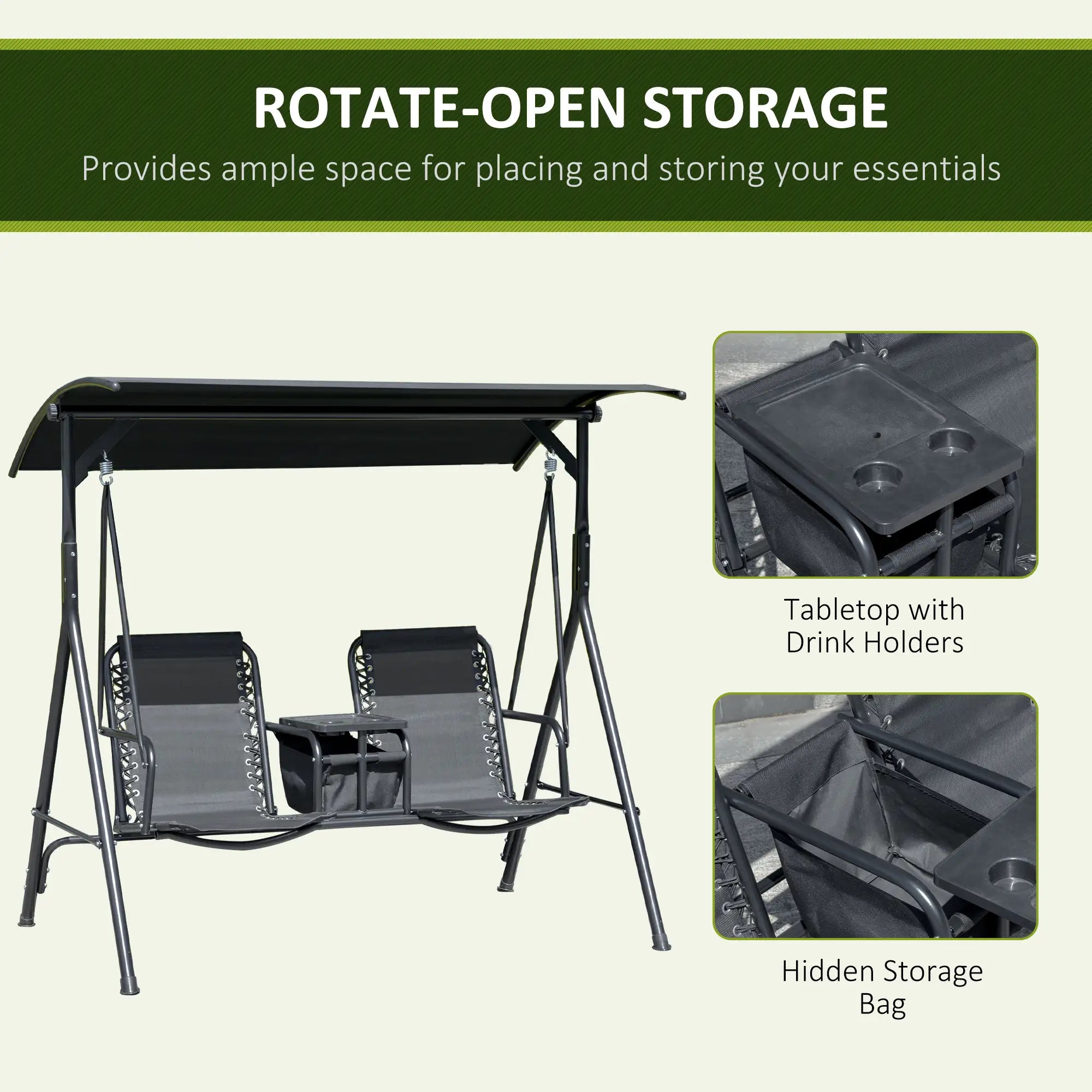 2 Person Porch Swing with Storage Table, Cup Holder, Canopy, Black Patio Swings with Stand at Gallery Canada