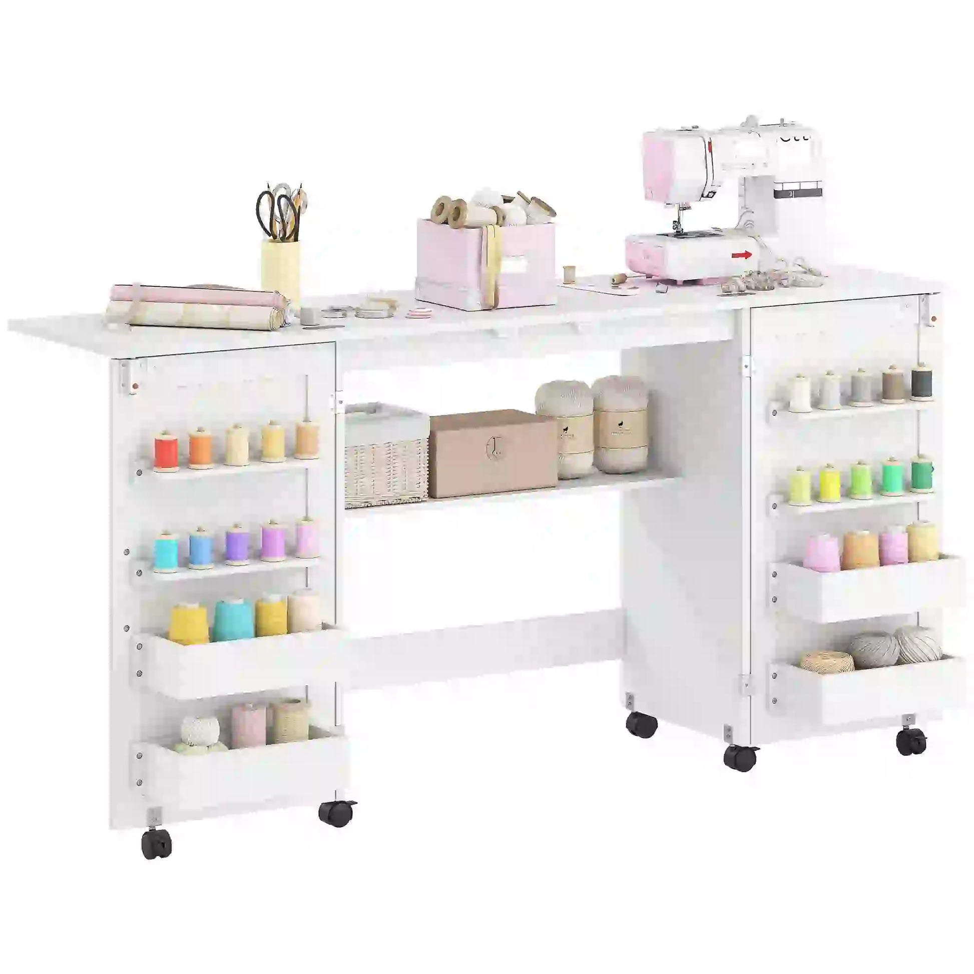 Folding Craft Table, Rolling Sewing Machine Table, Storage Shelf, White Sewing Cabinets at Gallery Canada