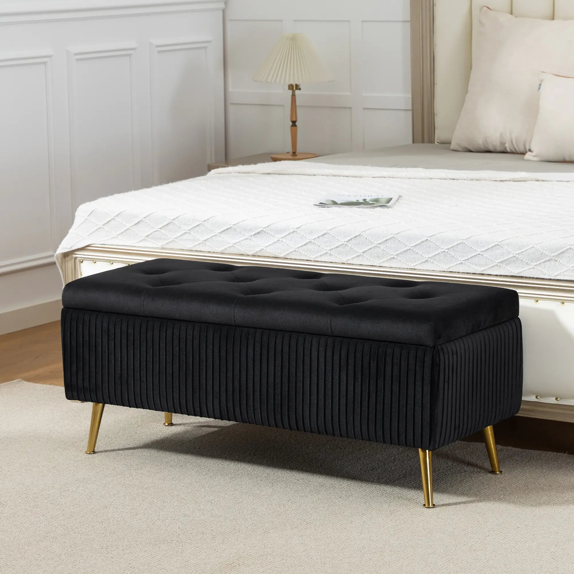 43 Inch Storage Ottoman Bench, Steel Legs, Padded Seat, Black