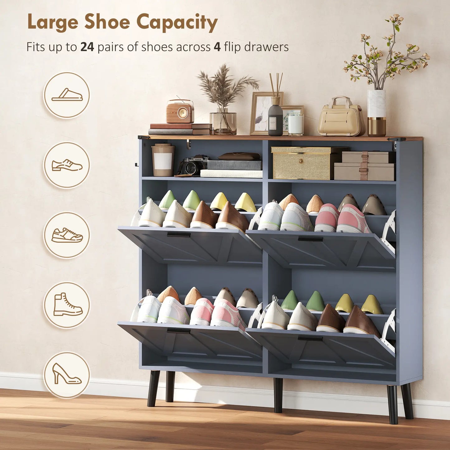 Shoe Storage Cabinet, 4 Flip Drawers, Farmhouse Narrow, Holds 24 Pairs, Blue Shoe Storage Cabinets & Racks at Gallery Canada