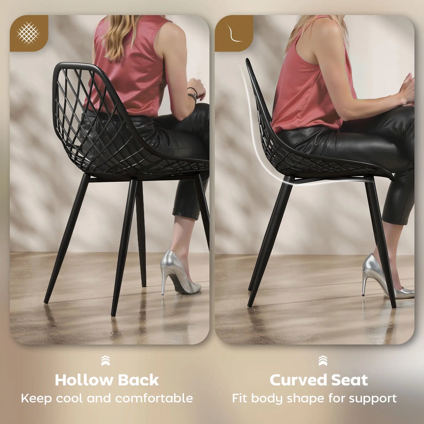Modern Dining Chairs Set of 4, Plastic Kitchen Chairs with Hollow Backrest and Metal Legs for Living Dining Room, Black Dining Chairs at Gallery Canada