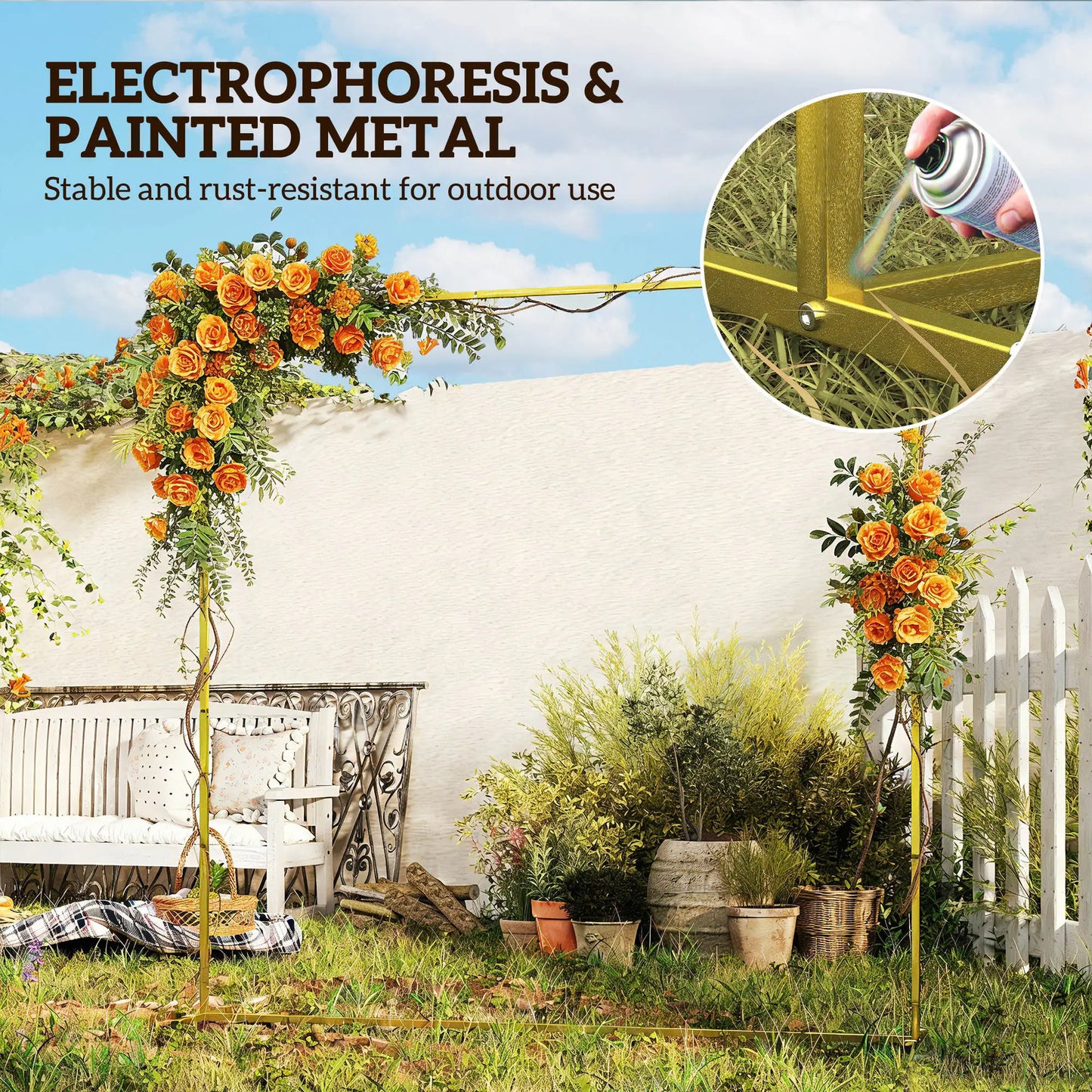 Square Wedding Arch, 6.6 FT Metal Frame With U-Shaped Stakes, Gold