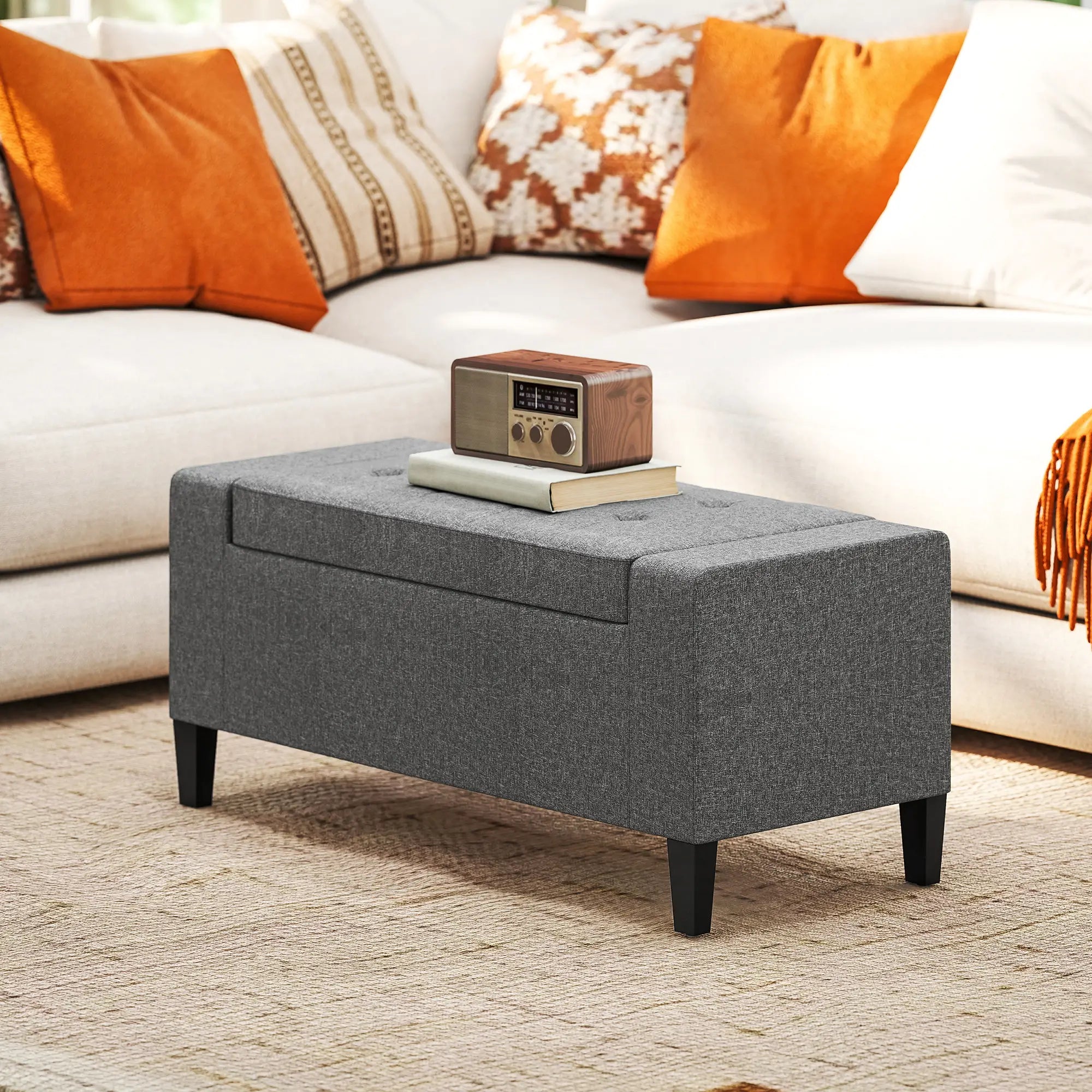 Storage Ottoman Bench, Tufted Linen Fabric, Flipping Top, Grey Storage Ottomans & Benches at Gallery Canada