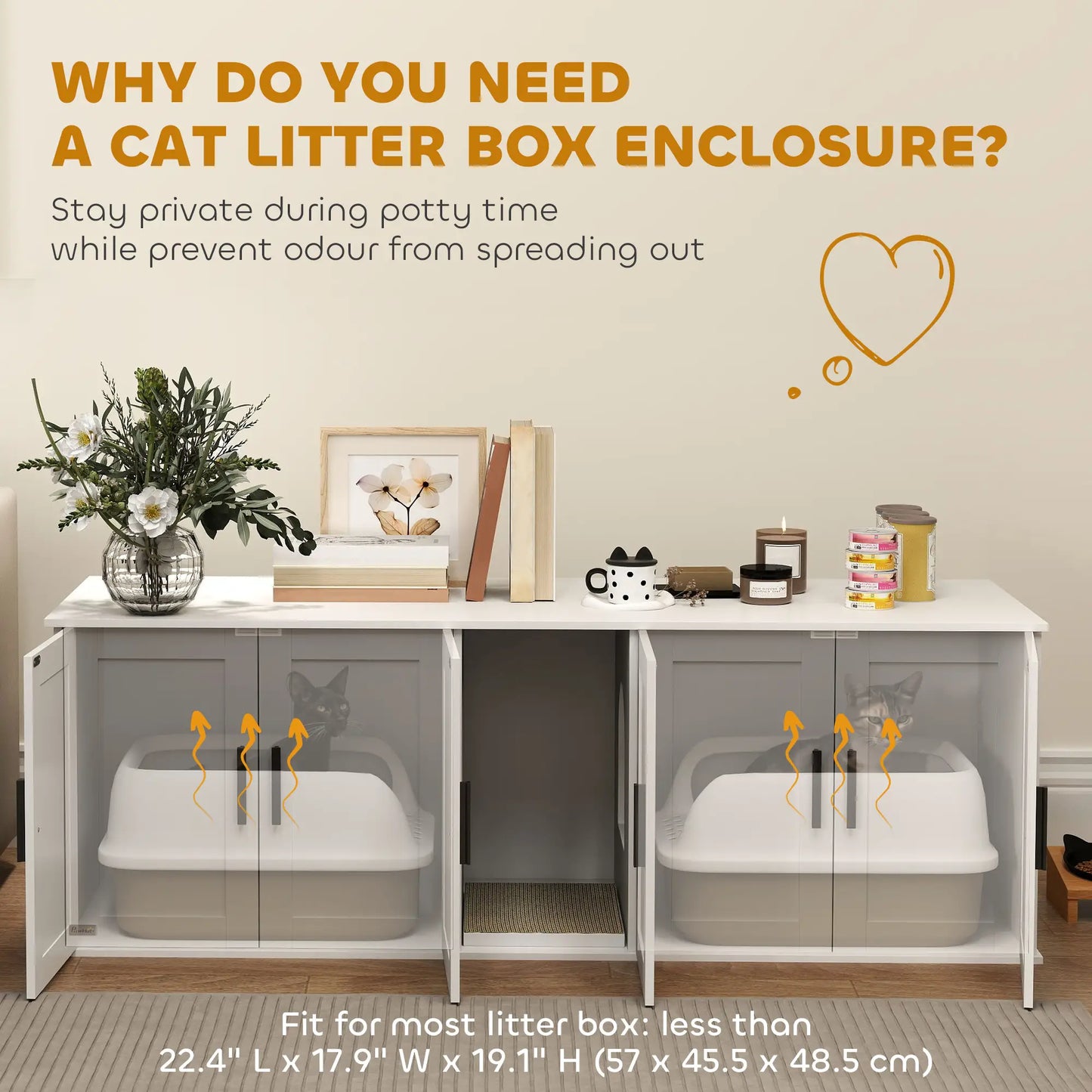 Cat Litter Box Enclosure, Double Room, Scratching Board, 57" x 19" x 20", White Cat Litter Box Enclosures at Gallery Canada