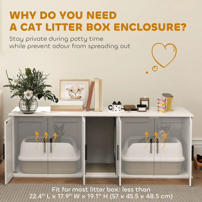 Cat Litter Box Enclosure, Double Room, Scratching Board, 57" x 19" x 20", White Cat Litter Box Enclosures at Gallery Canada