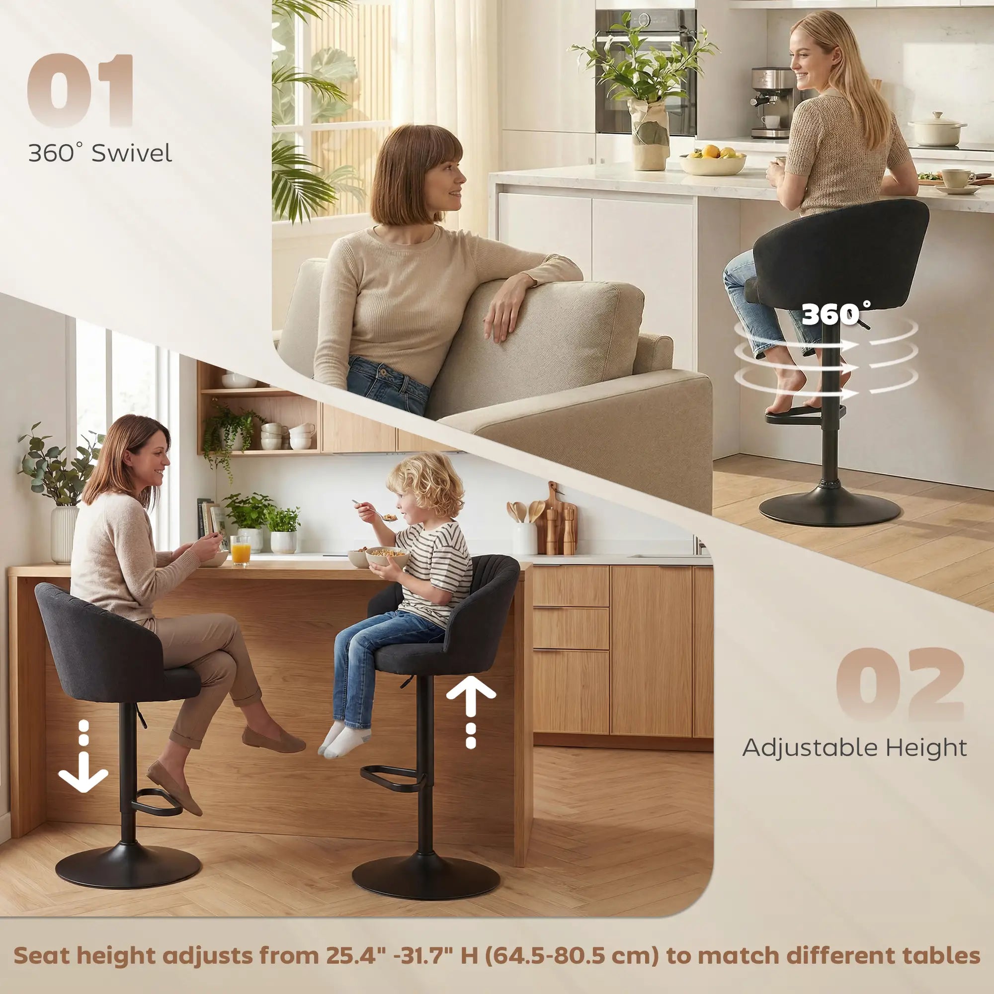 Adjustable Bar Stools Set of 2, Upholstered Kitchen Stools, Steel Frame, Black Bar Stools at Gallery Canada