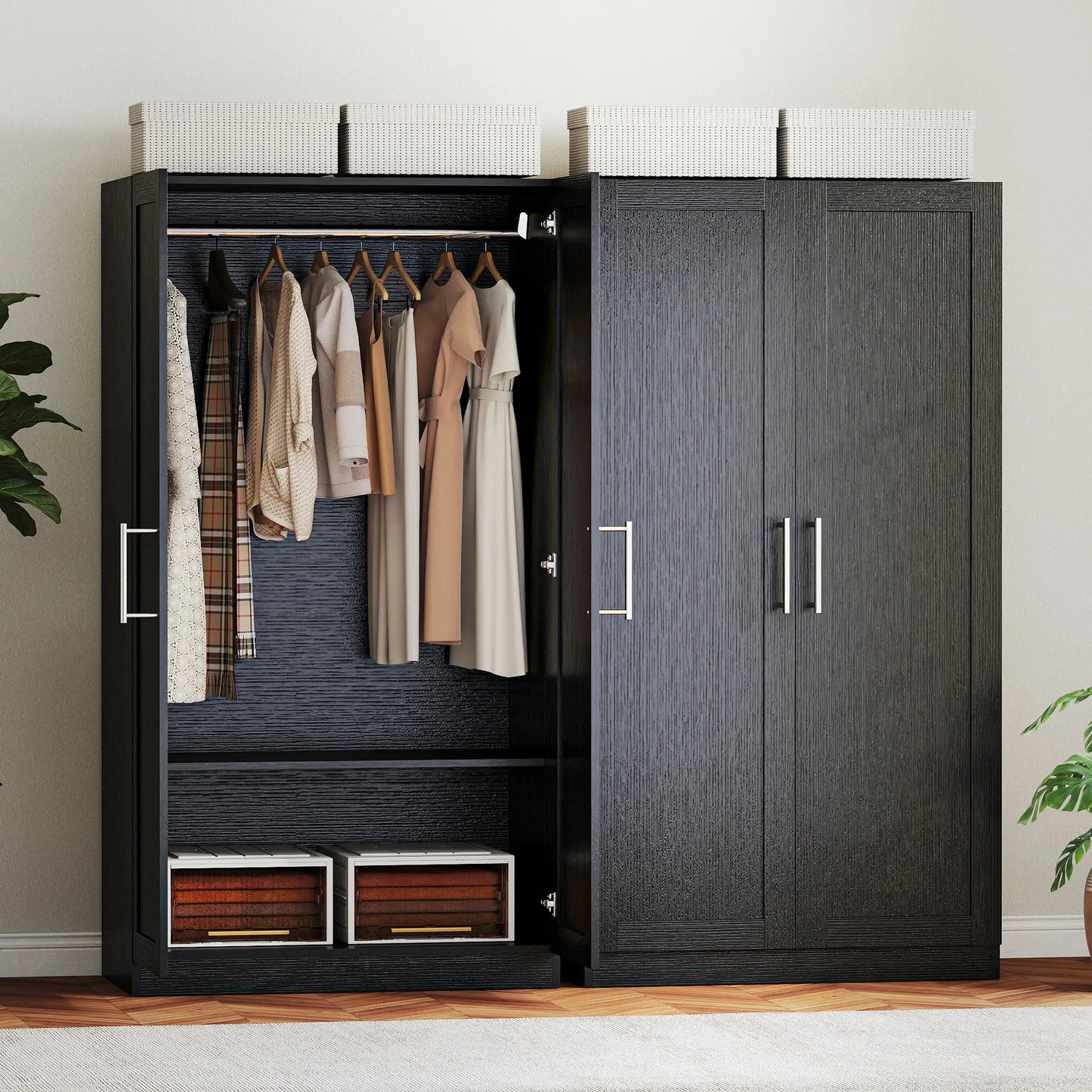 Modern Armoire Wardrobe Cabinet, 2 Doors With Hanging Rod, Black Wood Effect, Black Clothing Storage at Gallery Canada