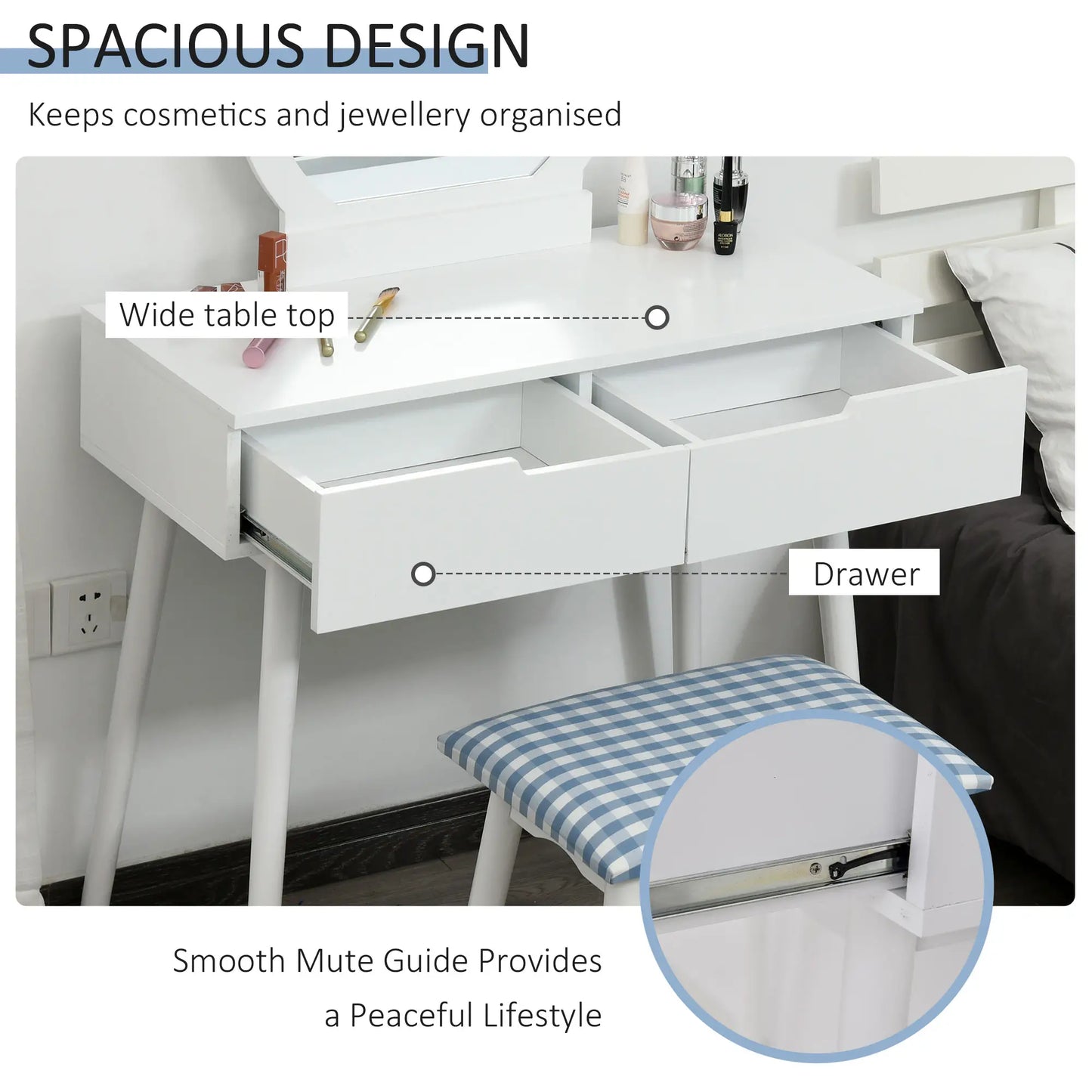 Makeup Vanity Desk, Round Mirror, 2 Drawers, Cushioned Stool, White Dressing & Vanity Tables at Gallery Canada