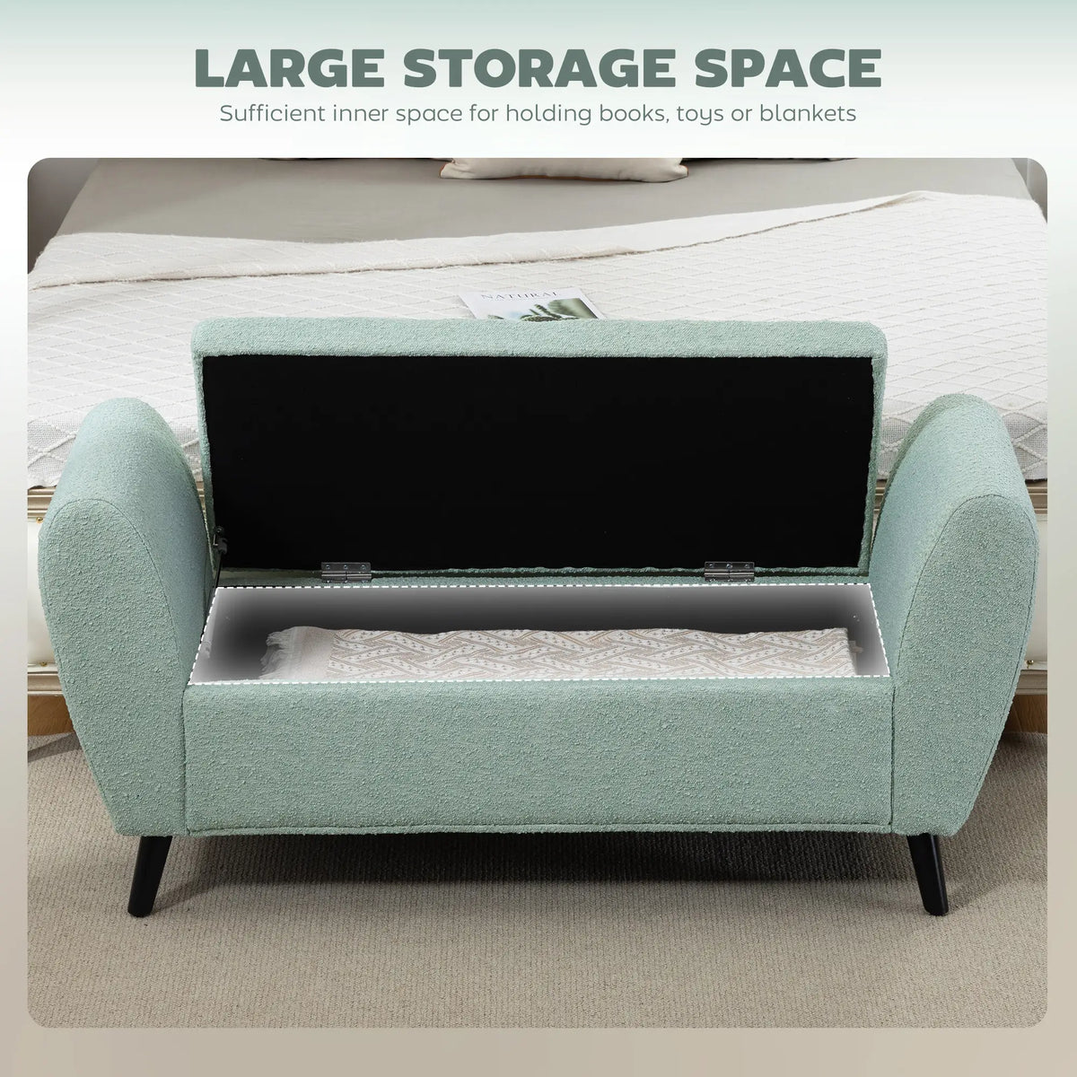 Upholstered Storage Bench with Arms, Modern Ottoman, Green