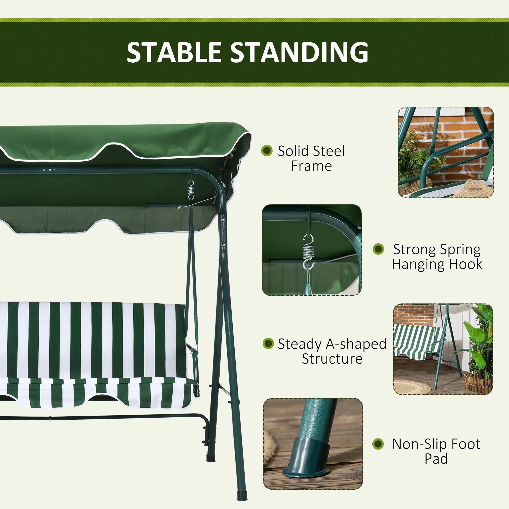3-Seater Outdoor Porch Swing, Adjustable Canopy, White, Green Porch Swings with Canopy at Gallery Canada