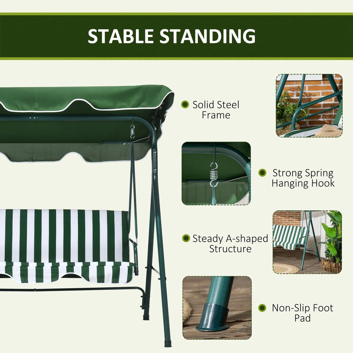 3-Seater Outdoor Porch Swing, Adjustable Canopy, White, Green Porch Swings with Canopy at Gallery Canada