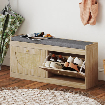 Shoe Bench with Flip Doors, Seat Cushion, Adjustable Shelves, Natural Wood Shoe Storage Cabinets & Racks at Gallery Canada