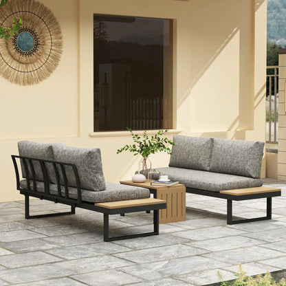 3 Piece Aluminum Corner Patio Furniture Set, Sectional Outdoor Sofa, 2 Loveseats, Wood-Plastic Coffee Table Patio Furniture Sets at Gallery Canada