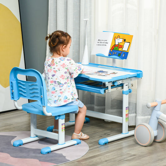Kids Desk and Chair Set Height Adjustable Student Writing Desk Children School Study Table with Tilt Desktop, LED Lamp, Pen Box, Drawer, Reading Board, Cup Holder, Blue - Gallery Canada