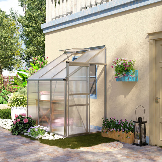 6' x 4' Aluminum Lean-to Greenhouse Polycarbonate Walk-in Garden Greenhouse with Adjustable Roof Vent, Rain Gutter and Sliding Door for Winter, Clear - Gallery Canada