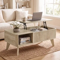 Table basse relevable cannelée de 40 pouces, rangement, chêne