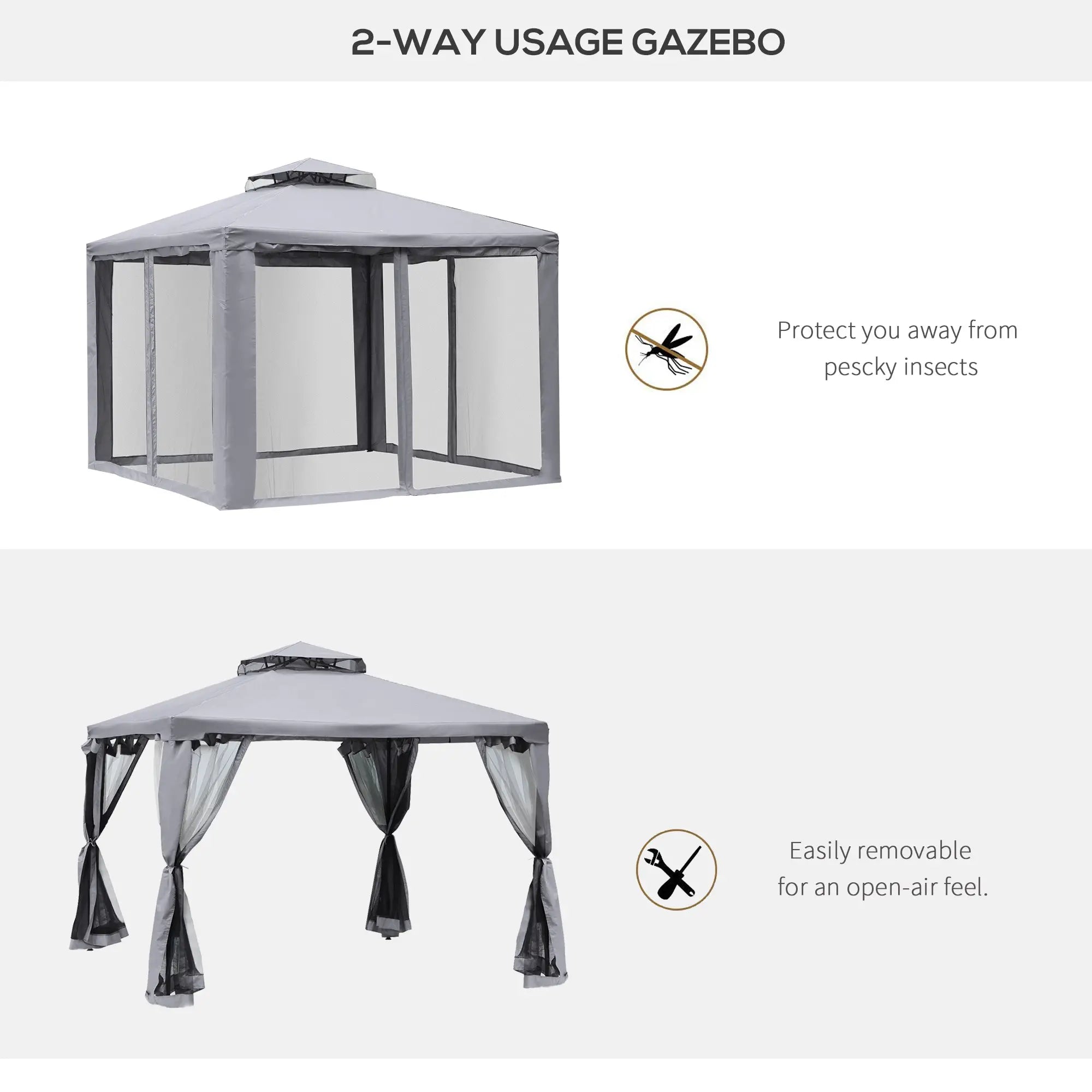 10' x 10' Gazebo, Steel Frame, Mosquito Netting, Grey Gazebos at Gallery Canada
