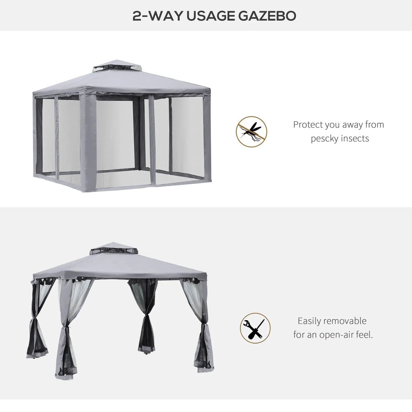 10' x 10' Gazebo, Steel Frame, Mosquito Netting, Grey Gazebos at Gallery Canada