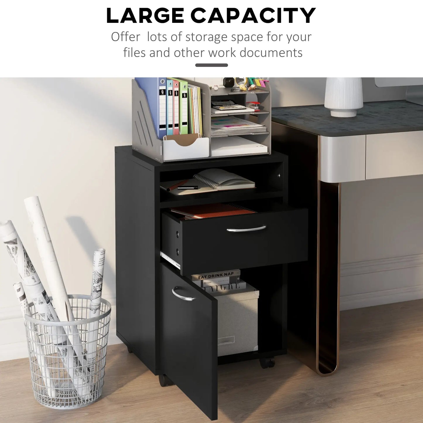 24" Small Filing Cabinet, Open Compartment, Drawer, Wheels, Black Office Cabinets & Cupboards at Gallery Canada