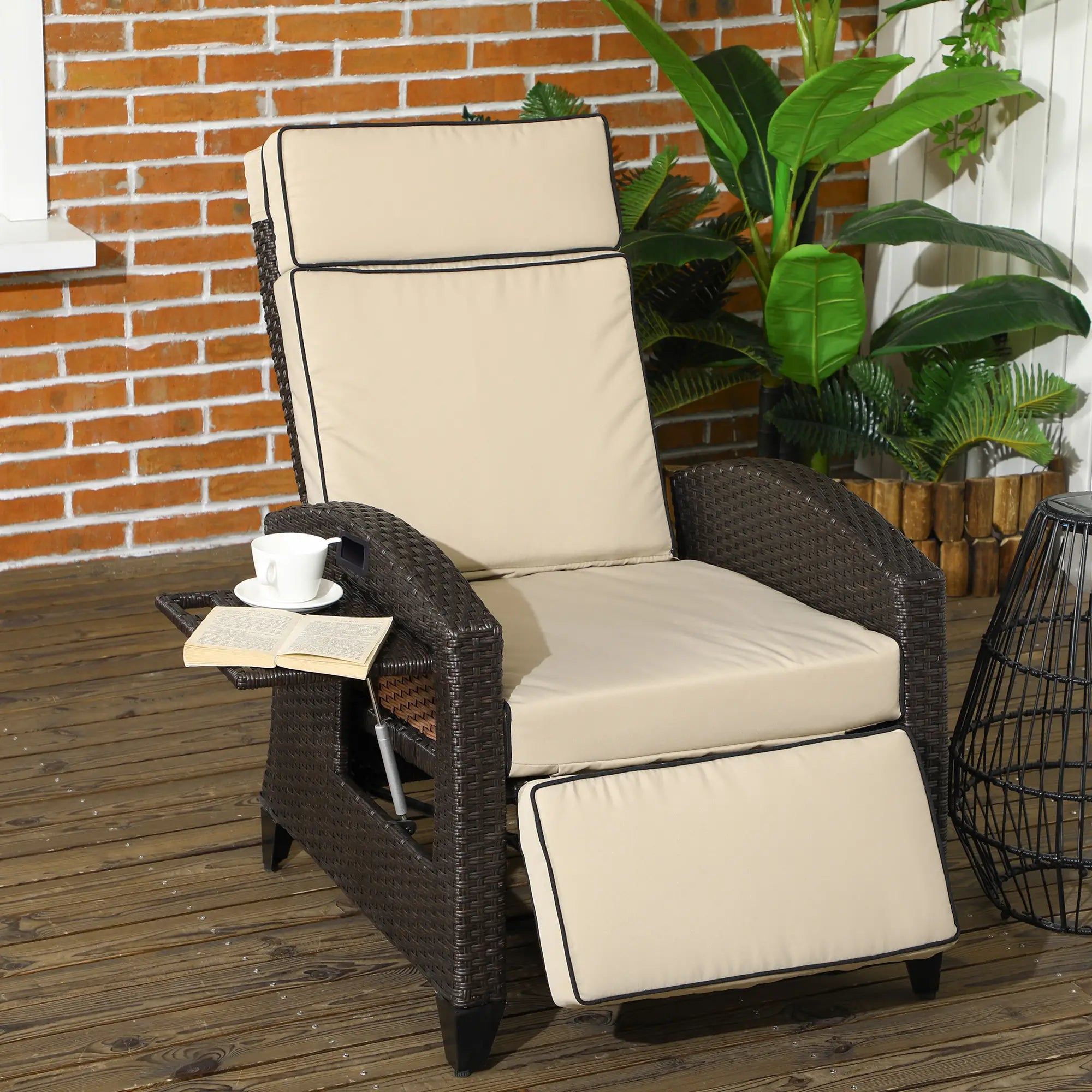 Outdoor Recliner Chair, Adjustable Backrest, Cushion, Side Tray, Khaki Chaise Loungers at Gallery Canada